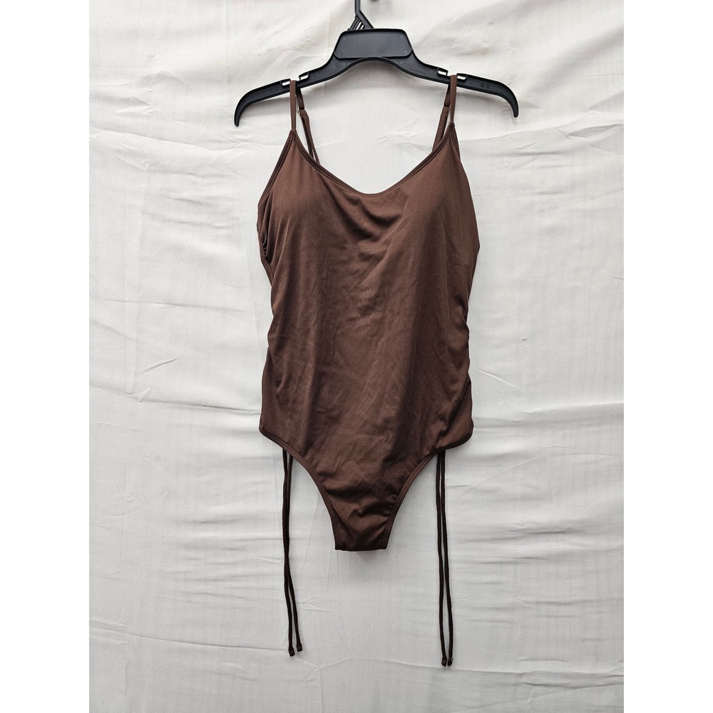 Shade & Shore Womens Ribbed One Piece Swimsuit Brown Polyester Blend Size Large